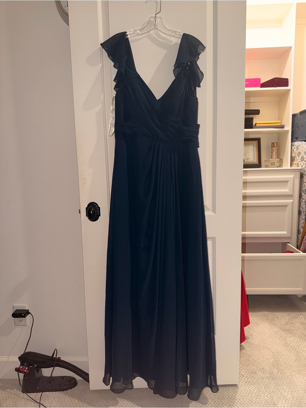 Azazie Elegant Navy V-Neck Ruffle Sleeve Evening Dress
